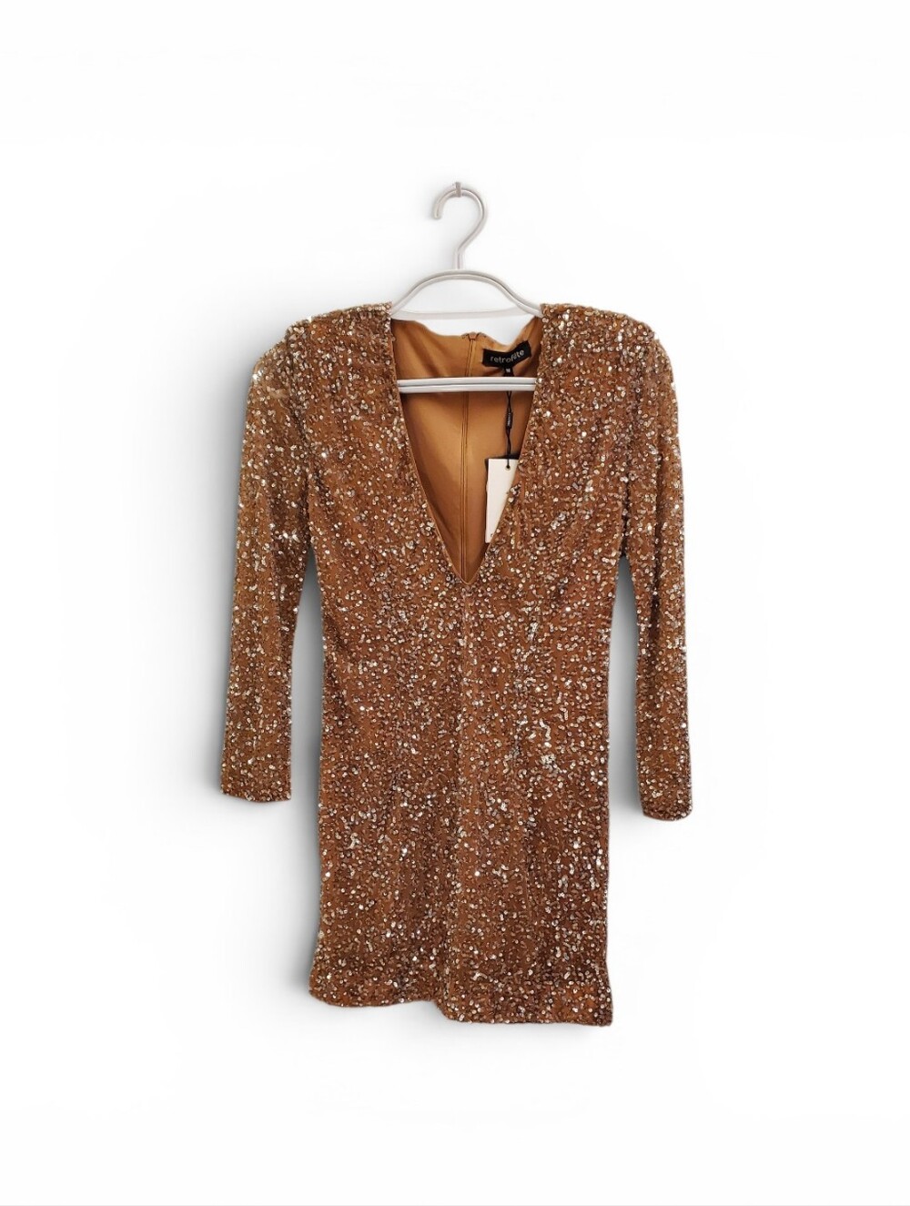 Retrofete Bronze Sequin Long Sleeve Plunge Mini Dress